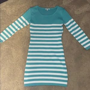 Turquoise & White Striped Sweater Dress